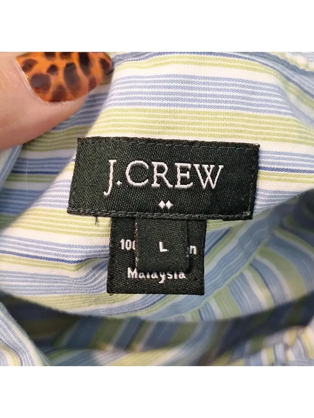 J. Crew 100% Cotton Green And Blue Striped Button Up Short Sleeve Dress Shirt L